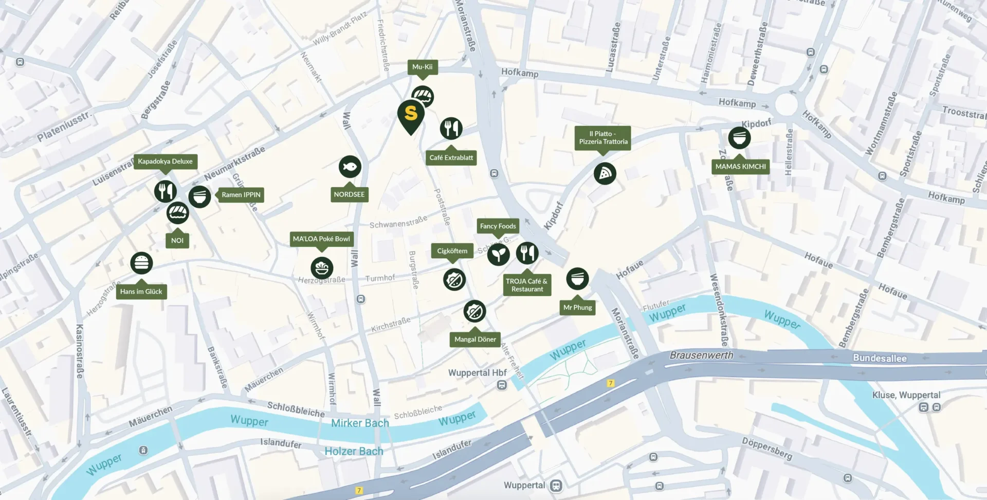 Übersichtskarte mit Foodspots und Restaurants in der Umgebung
