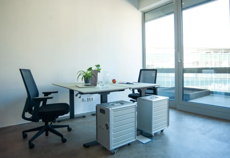 Helles privates Office mit zwei Schreibtischen und großem Fenster